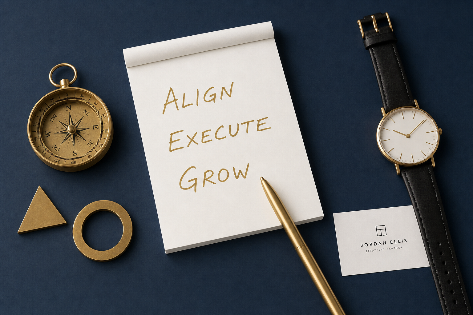 Gold compass, notepad with Align Execute Grow, and timepiece on a navy surface